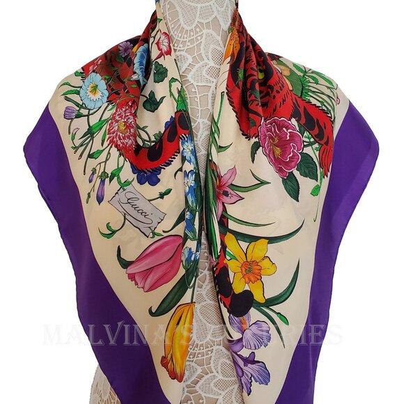 GUCCI SCARF SILK TIGER ICONIC FLORA PRINT SQUARE VIBRANT FOULARD 35" - Picture 12 of 16